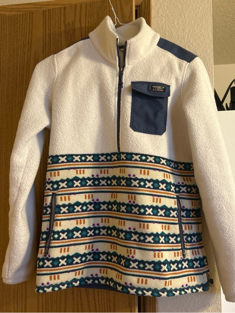 Vintage L.L.Bean Cream Fleece Pullover with Navy Trim and Teal Pattern